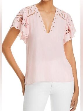 Ramy Brook Women's Rochelle Pink V-Neck Blouse with Flutter Sleeves Size S
